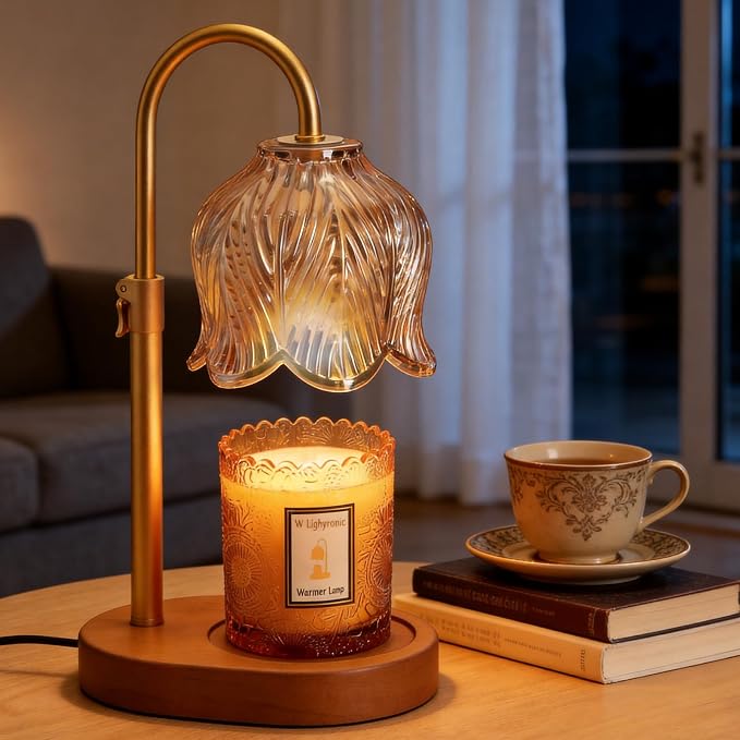 Candle Warmer Lamp with Adjustable Height - Flameless 4-Level Dimmable Wax Warmer, Timer Function & Stylish Design in Multiple Colors (Brown Wooden Base)