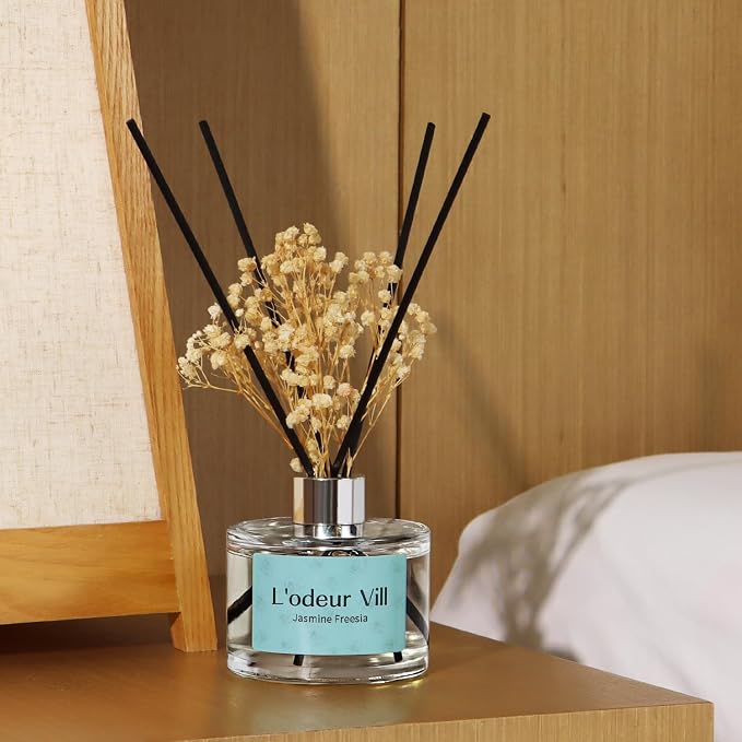 L'odeur Vill Reed Diffuser Set, 6.7 oz(200ml) Peony Freesia Scented Diffuser with 6 Oil Diffuser Sticks, Home Fragrance Essential Oil Reed Diffuser for Home Large Rooms Bathroom Shelf Decor