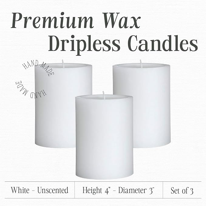 Mister Candle Dripless Unscented White Pillar Candles, Set of 3 Hand Poured Solid Color Non-Scented Candles for Home Decor, Premium Wax, 60 Hr Burn Time - 3x4 Inch, White