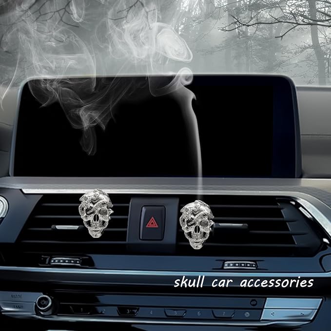 ORIESSE Skull Car Decor,Goth Car Air Freshener Vent Clip,Silver Snake Skull Horror Dahsboard Decorations Accessories,Refillable Clip On Diffuser for Women Teens