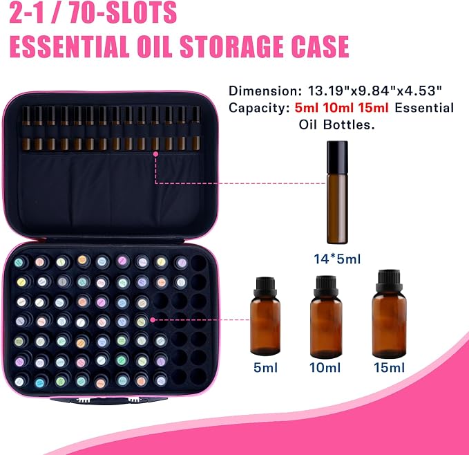 70 Bottle EVA Essential Oil Storage Carrying Case | Portable Essential Oils Holder Organizer Travel Bag Holds 5ml 10ml 15ml for Young Living & Doterra Bottles & Roller Bottles