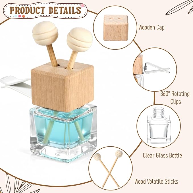 50 Pack Car Air Freshener Diffuser with Vent Clip, Clear Glass Perfume Bottle, Car Diffuser Bottles Empty Bulk for Essential Oil Perfume Glass Bottle with Wooden Caps Stick, for Auto Fragrance