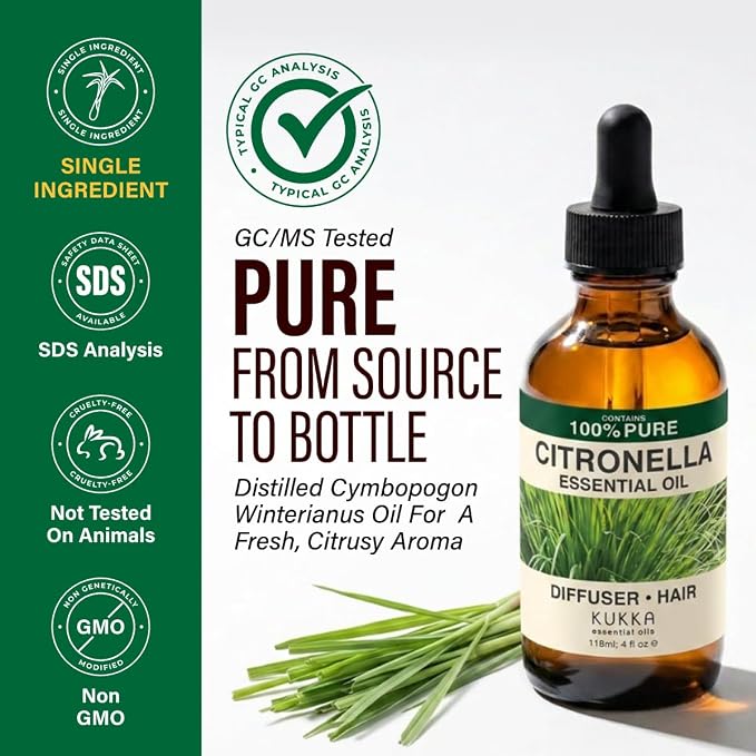 100% Pure Citronella Oil - 4 Fl Oz Citronella Essential Oil for Hair, Skin, Diffuser, Aromatherapy & DIY Soap Making Scent