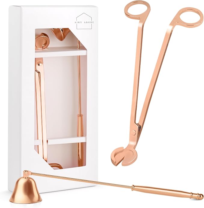 Airy Abode Candle Snuffer and Wick Trimmer Set, Bell Snuffer Gift Box, Stainless Steel Candle Care Accessory for Home Decor, Rose Gold