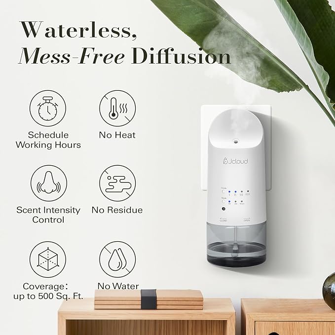 JCLOUD Plug in Diffuser Covers Up to 500 Sq. Ft. for Home, Office, Spa – Waterless Scent Diffuser Starter Kit with Royal Serenity Essential Oil Inspired by Luxury Hotel 140mL, White