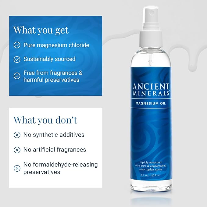 Ancient Minerals Magnesium Oil Spray Bottle of Pure Genuine Zechstein Magnesium Chloride - Topical for Skin Application (8oz)