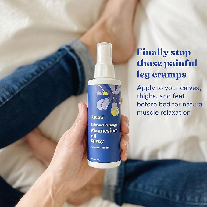 ASUTRA Zechstein Pure Magnesium Oil Spray for Feet and Leg Cramps, Topical Magnesium Spray for Tired Muscles and Better Sleep, Concentrated Sensitive Skin Formula, Less Sting Less Itch (4 Fl Oz)