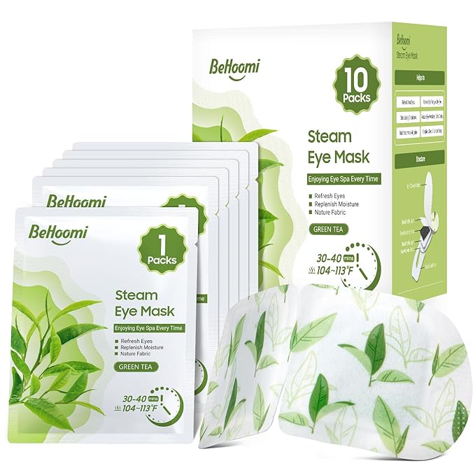 BeHoomi Steam Eye Mask, 10Packs Heated Eye Mask, Self Heating Disposable SPA Warm Compress for Eyes Sleep Mask, Travel Essentials & Relaxation Gifts for Women (Green Tea Scent)