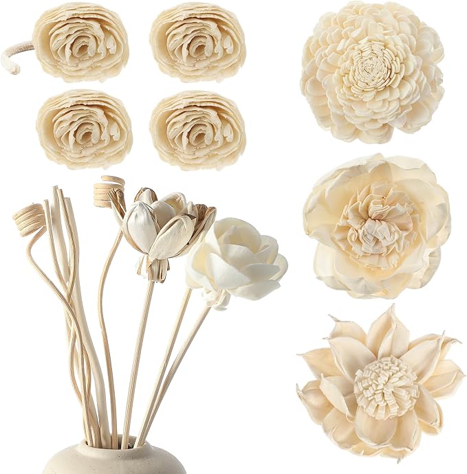 Waydress 15 Pcs Mixed Reed Diffuser Sticks Flowers, Wood Flower Diffuser Reeds Refill with Rope, Sola Reed Diffusers Set for Bathroom, Bedroom, Home Decor(1.57-3.15 Inches,Classis)