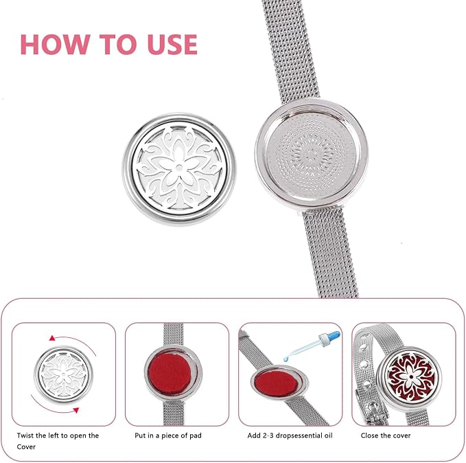 Essential Oil Diffuser Bracelet with Gift Box Aromatherapy Locket Adjustable Stainless Steel Flowers Watch Chain Bracelet with 10 Pcs Refill Pads for Women