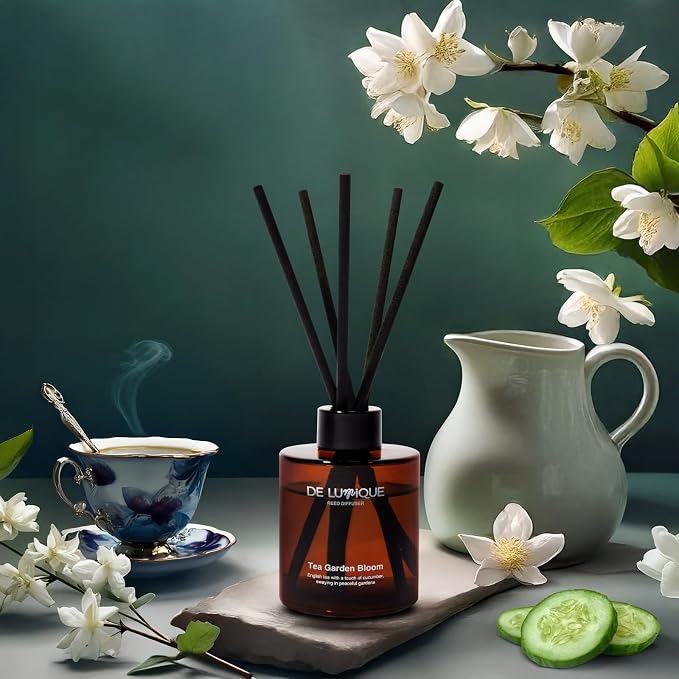 Tea Garden Bloom Scent Reed Diffusers for Home – Long Lasting Aroma Diffuser with English Tea, Cucumber, Davana & Musk – for Living Room or Bedroom – 150ml