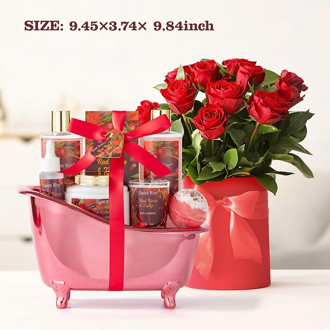 Spa Gift Basket Gifts for Women, spa kit Gifts for Her Mother's Day Bath Spa Gift Set Red Rose & Tulip Spa Basket Kits for Women, Bath & Body Set, Self Care Pamper Kit, Self-care baskets Mother Gift