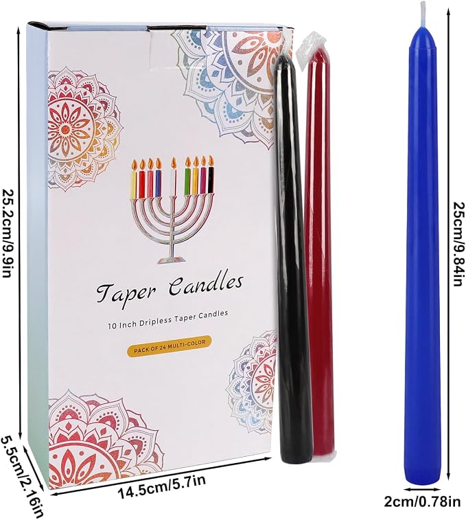 YOROXRG 24 Colored Taper Candles, 7-8 Hours Burn Time, Unscented, Smokeless and Dripless, 0.75 x 10 Inch Dinner Candle Set for Household, Wedding, Party and Home Décor Candlesticks