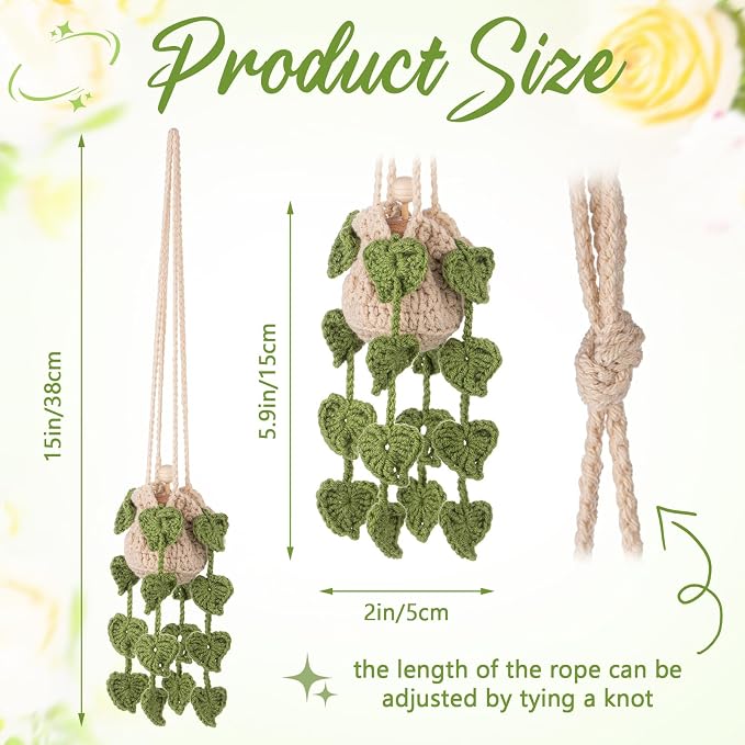 DaisyInner Cute Crochet Plant Car Freshener 12ml Empty Refillable Diffuser Bottle with Plants Hanging Accessories for Ornaments Charms Rearview Mirror Home Office Decor Women Gifts(Leave)