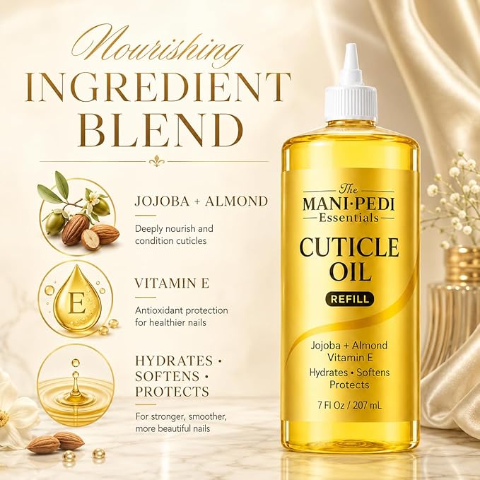 Professional Cuticle Oil Refill/Bulk Pack with precision nozzle for easy refilling - 7 Fl Oz. Enriched with Jojoba Oil, Vitamin E & Sweet Almond Oil. Nail Tech Supplies for Nourished Nails & Cuticles
