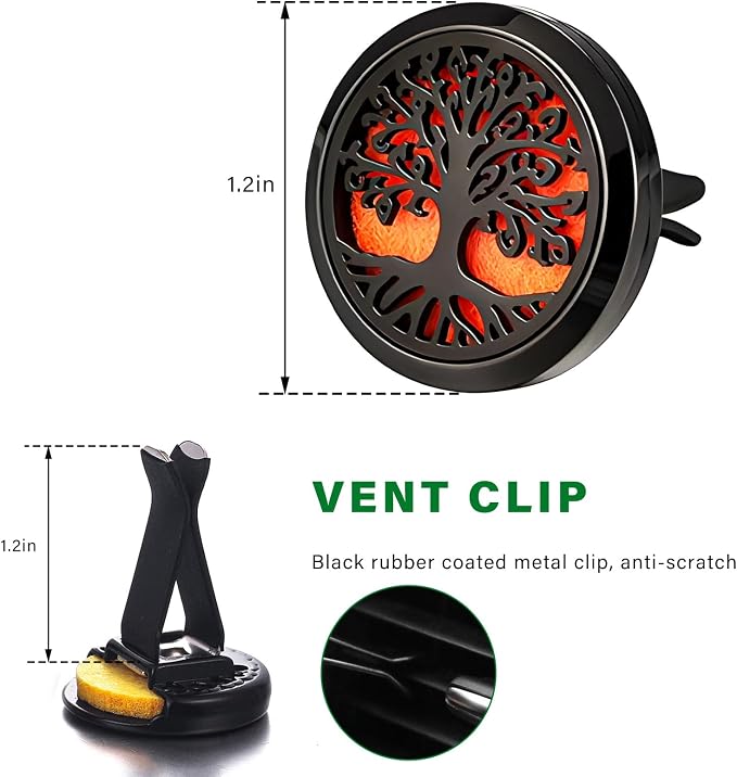 2 PCS 30mm Car Diffuser Vent Clips, Tree of Life Aromatherapy Essential Oil Diffuser Car Clip with 12 Felt Pads, Removable Stainless Steel Air Freshener Lockets for Women Men (Black)