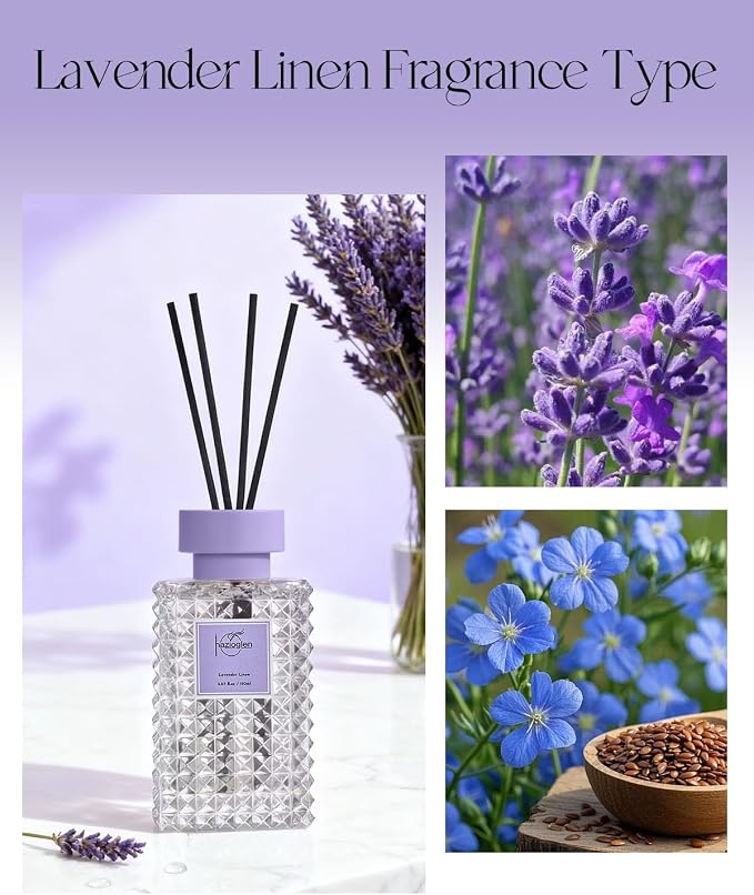 Reed Diffuser Set, Lavender Linen Scented Home Fragrance Air Freshener for Bathroom Shelf Decor, 5.07 fl oz/150ml Essential Oil with Sticks