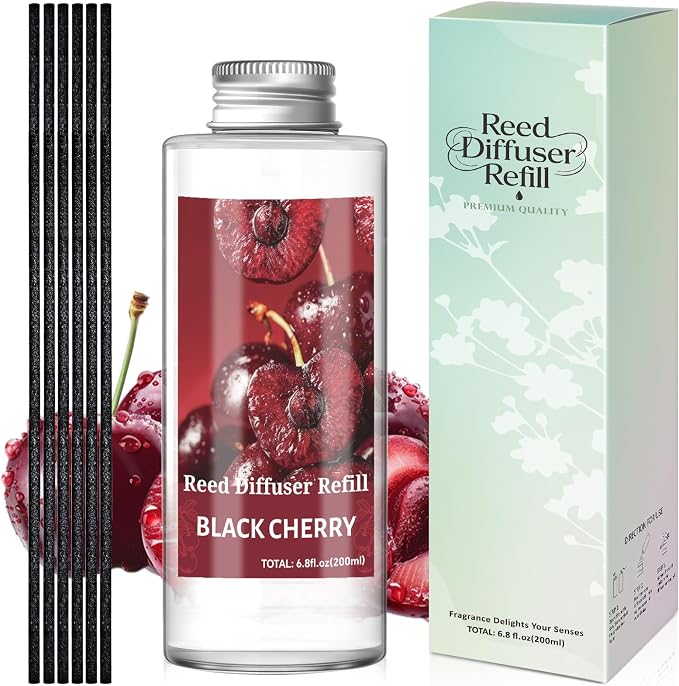 STRN Reed Diffuser Oil Refill, Black Cherry Scented Diffuser Oil Refills with 6 Reed Sticks 200ML(6.8fl.oz), Room Fresheners for Home, Long-Lasting Summer Fragrance for Living Room, Bedroom, Office