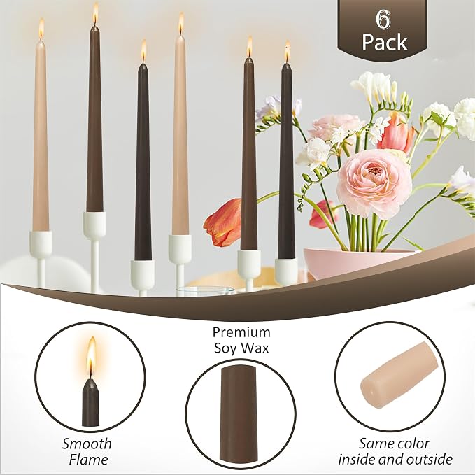 Scented Candle Taper Candlesticks,10 Inches Brown Tapered Candles Coffee Candle Sticks Colorful Candle for Wedding Home Party Women Gift Sets,Pack of 6 (8D6PC-COFMIX)