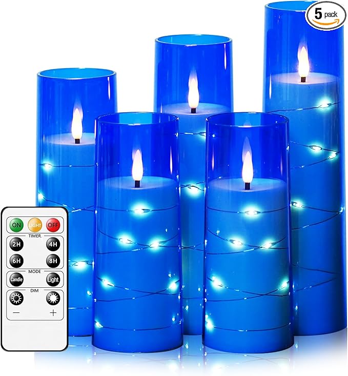 kakoya Flameless LED Candles with Timer 5 Pc Flickering Flameless Candles for Romantic Ambiance and Home Decoration Stable Acrylic Shell,with Embedded Star String，Battery Operated Candles（Blue）