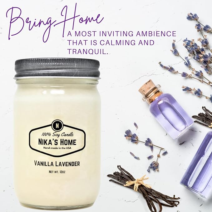 Nika's Home Vanilla Lavender Soy Candle - 12oz Mason Jar - Non-Toxic - Hand Poured in The USA, Long Burning 50-60 Hours Highly Scented All Natural, Clean Burning