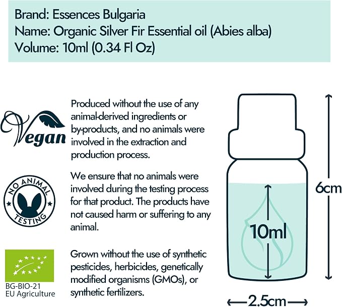 Essences Bulgaria Organic Silver Fir Essential Oil 1/3 Fl Oz | 10ml | Abies alba | 100% Pure and Natural | Undiluted | Therapeutic Grade | Family Owned Farm | Steam-Distilled | Non-GMO | Vegan