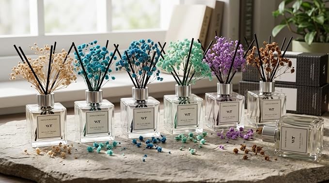 WEALD TRIBE Reed Diffuser Set for Bathroom Air Fresheners with Real Flower, Oil Diffuser Stick | Ocean Mist & Sea Salt Scent 5.1 fl oz Home Fragrance with Sticks Defusers | House Office Shelf Decor