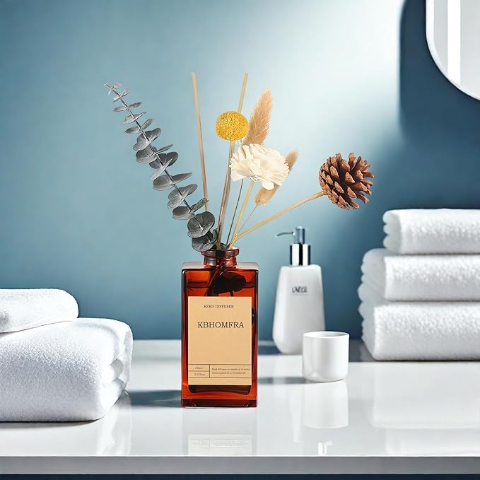 Reed Diffuser Set with Flower, 5.07oz Sea Salt Sage Jasmine Diffuser Stick Scent of Fragrance Essential Oil,for Bathroom Diffuser Home Bedroom Office Décor