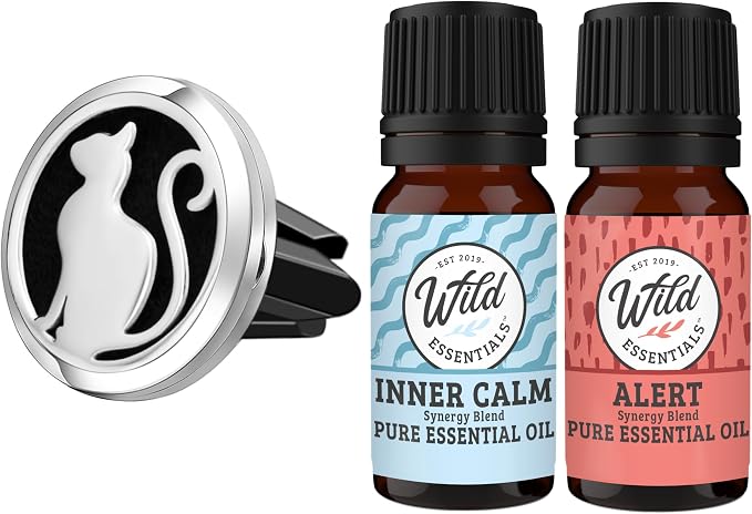 Wild Essentials Pretty Kitty Cat Essential Oil Car Vent Diffuser Kit – 316L Stainless Steel Locket, Rubber-Coated 4-Way Clip, 8 Color Pads (22mm), 25mm – Includes Alert & Inner Calm (2 x 10ml)