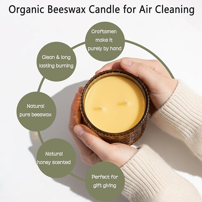 Organic Beeswax Candles in Glass Jar, 100% Pure Beeswax Jar Candles, 2-Wick Unscented Bees Wax Candle for Home, Gifts for Women & Men, Non Toxic, Natural, 40 Hour