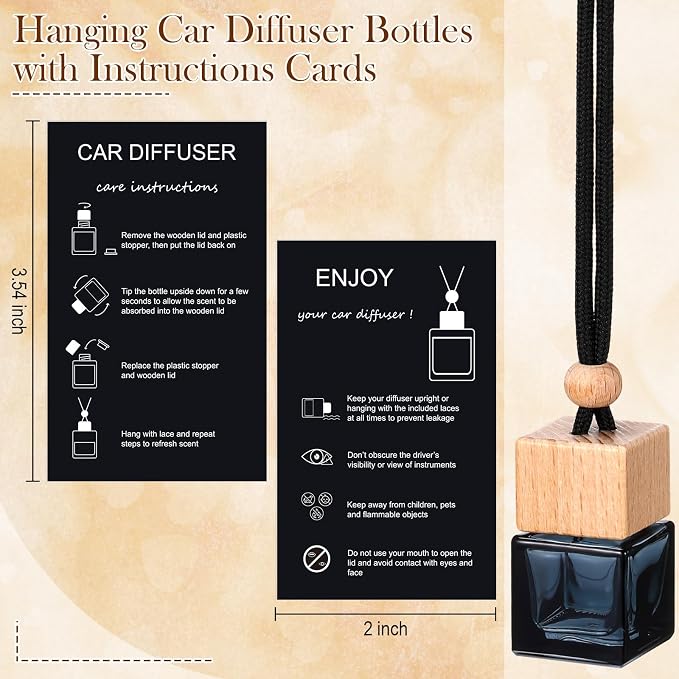 Boao 50 Sets Hanging Car Air Freshener Diffuser Bottles with 2 x 3.54 Inch Car Diffuser Instructions Cards for Empty Essential Oil Bottles(Black Card,Black Square)