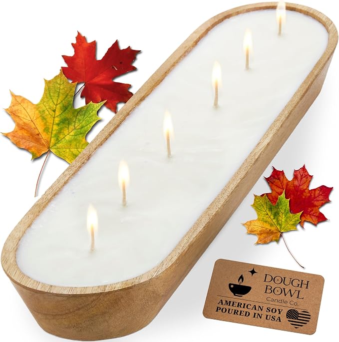 Dough Bowl Candle Co. Apple Maple Bourbon Soy Candle - 6 Wick Rustic Farmhouse Decor Odor Eliminator in Wooden Bowls, 32 Ounce Wooden Dough Bowl Candle, All-Natural Gifts for Women and Men