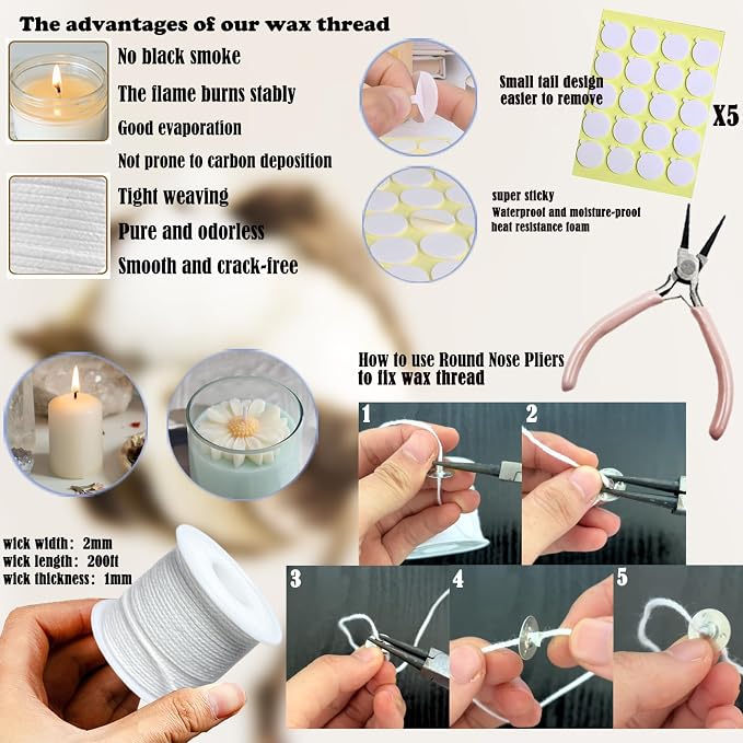 155PCS Adjustable Candle Hole Drill Needle with Candle Wick Roll 200 Ft,Candle Making Kits to Insert Wick in Silicone Molds,Mold Hook & Eye Punch Needle,Big Hole Long Needle,Stickers,Center Holder