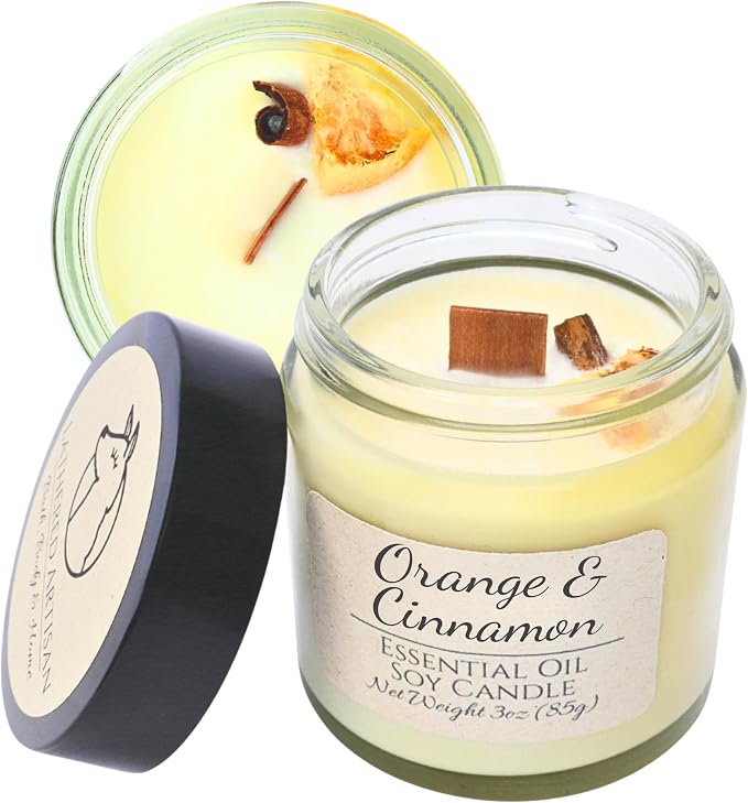 Orange & Cinnamon Essential Oil Candle 3 oz, Hand Crafted Pure Soy Wax Candle with Wooden Wick, Dried Flowers, 23 Hour Burn Time, Natural Aromatherapy Glass Jar Candle with Lid by Lathered Artisan