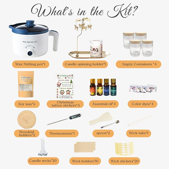 Candle Making Kit with Spinning Holder and Candle Tattoos Stickers, DIY Scented Candle Maker Set for Adult Glass Jars with Electric Wax Melter Pot, Essential Oil