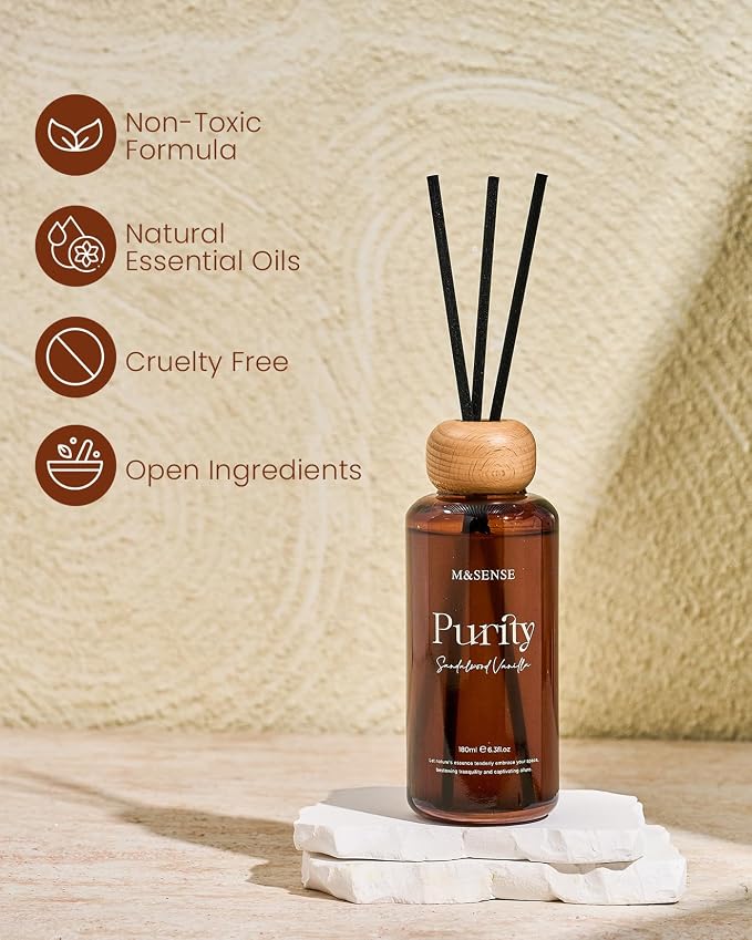 M&SENSE Sandalwood Vanilla Reed Diffuser: Upgraded Formula 6.3 fl oz Non-Toxic Aroma Set with Sticks, Long-Lasting Natural Essential Oil Gifts for Home, Bedroom