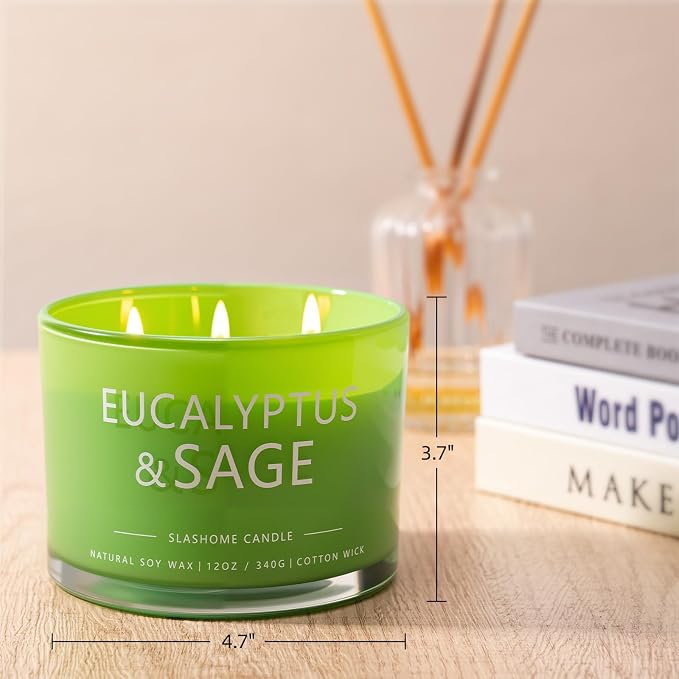 Sage & Eucalyptus Scented Candle, Luxury Large 3 Wick Soy Candle 12 Oz, 60+ Hour Long Lasting Clean Burn, Elegant Aromatherapy Home Decor, Housewarming & Birthday Gift for Men & Women