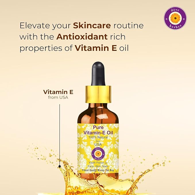 Deve Herbes Vitamin E Oil with Glass Dropper | Infused | Pure | Natutal | Undiluted | for Diluting Essential Oils | for Skin & Massage | Non-Sticky| Lightweight| Men & Women | 30ml (1 oz)