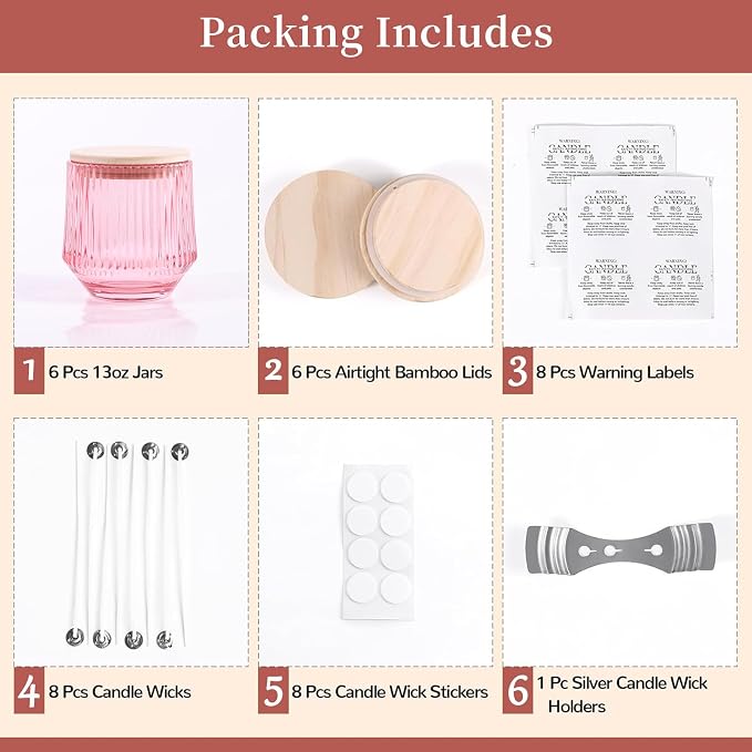 simeitol 13 OZ Pink Large Candle Jars for Making Candles - 6 Pack Glass Candle Jars Bulk with Vertical Striped, Candle Vessels with Bamboo Lids and Candle Wick Kit, for DIY, Home & Mother's Day