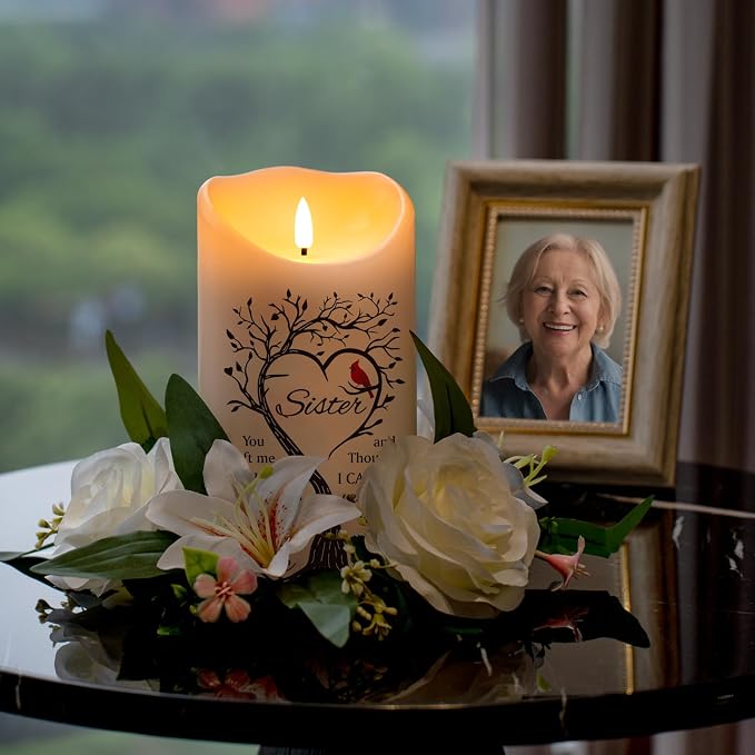 Flameless Memorial Candle for Loss of Sister, Real Wax LED Light with Remote Sympathy Bereavement Gifts for Loss of Loved One Memorial Gifts for Loss of Sister (4" x 7")