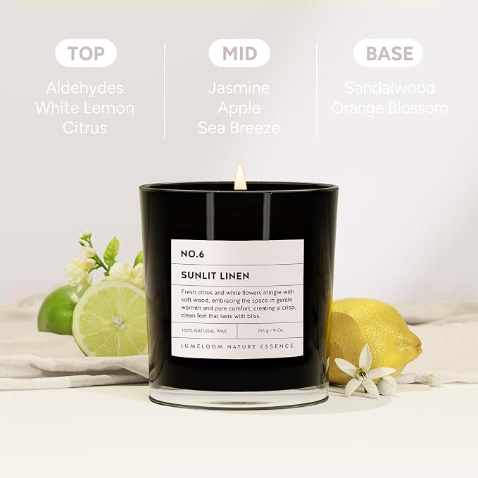 Sunlit Linen Luxury Scented Candles, 9oz Soy Wax Candles for Home Scented, Linen, Jasmine, White Lemon, Wood Scent, Long Burning Time, Gifts for Women, Friends, Men, Sister, Housewarming