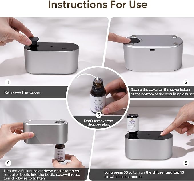Lecdura Waterless Diffuser for Essential Oil, Battery Operated Scent Air Aromatherapy Diffuser, Mini Aroma Diffusers with 3 Intermittent Mist Modes, Cycle Start for Home Office Bedroom - Silver