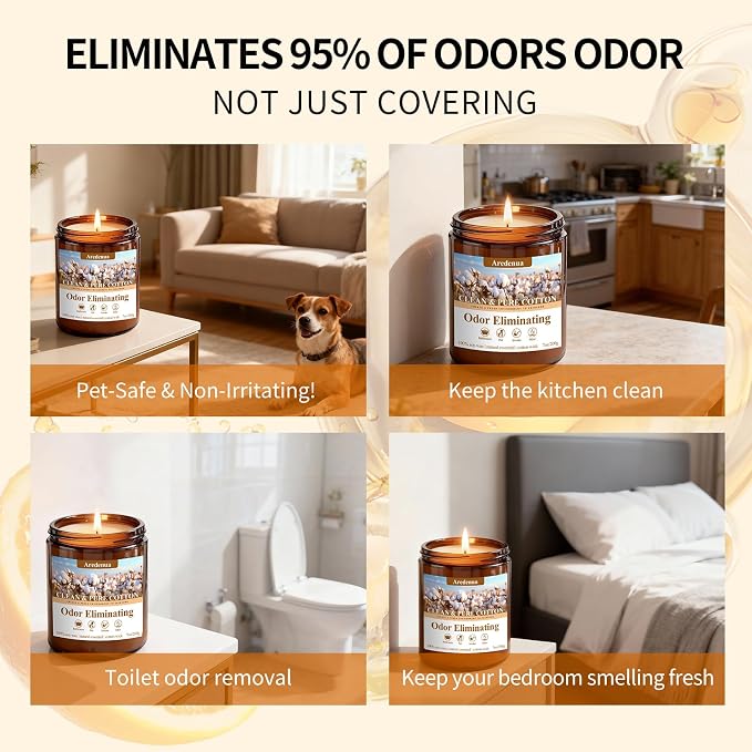 Clean & Pure Cotton Odor Eliminating Candles | Eliminates 95% of Pet, Smoke, Food & Other Smells – Fresh Air Scented Candle Gentle for Family - Up to 50 Hour Burn time - 7 Oz Natural Soy Wax