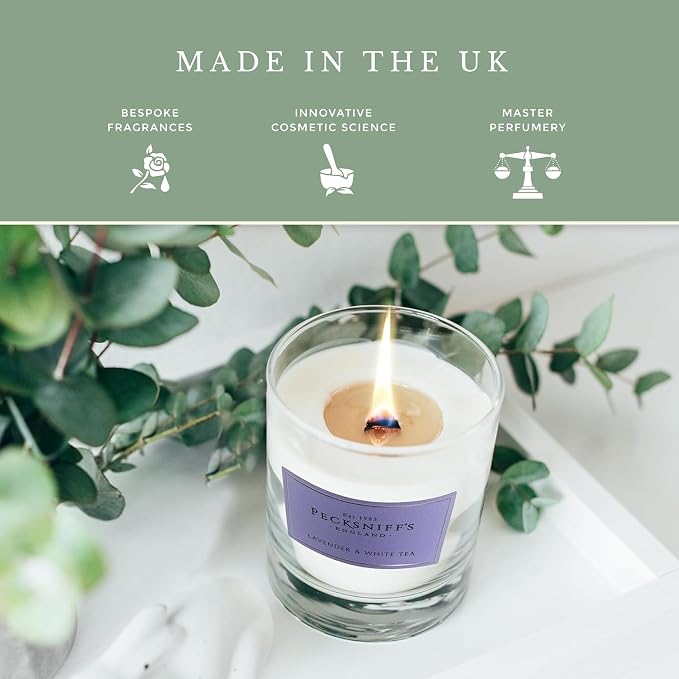 Pecksniffs Lavender & White Tea Scented Candle | Elegant Glass Vessel | Scented Candles for Home | 1 Wick, 184g/6.49oz
