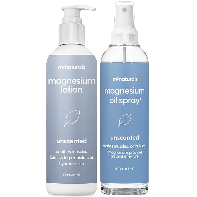 Unscented Magnesium Lotion & Spray for Sleep, Suitable for Sensitive Skin, Helps with Muscle Relaxation, Soothes Tired Legs & Foot Aches and Supports Restful Nights, 8 & 12 fl oz by M3