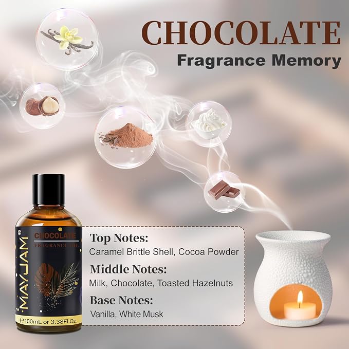 Chocolate Fragrance Oil Essential Oil, MAYJAM 3.38FL.OZ Chocolate Oil for Diffusers for Home, Long Lasting Scented Oils for Soap Candle Making - 100ML