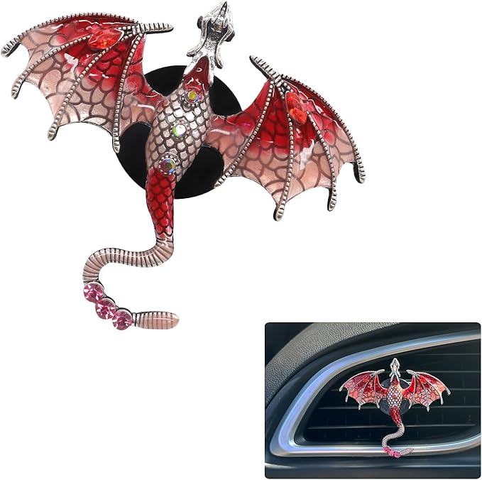 ORIESSE Dragon Car Decor,1pc Bling Red Dragon Car Air Freshener Vent Clips,Cute Alloy Enamel Wyvern Dragon Goth Vent Clips Dashboard Decorations,Refillable Essential Oil Diffuser