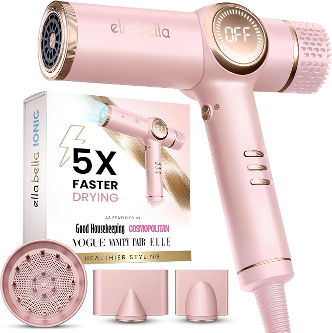 ELLA BELLA® Professional Ionic Hair Dryer with Diffuser • Negative Ion Blow Dryer • Suitable All Hair Types • Intelligent Heat Control & Rapid Drying Speeds • Lightweight Design • Low Noise Technology