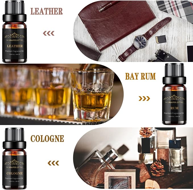 Essential Oils Set, Men Scents Fragrance Oil Aromatherapy Essential Oils Kit for Diffuser (6x10ML) - Sandalwood, Cedar, Leather, Sweet Tobacco, Rum, Cologne Aromatherapy Oil Gift for Men