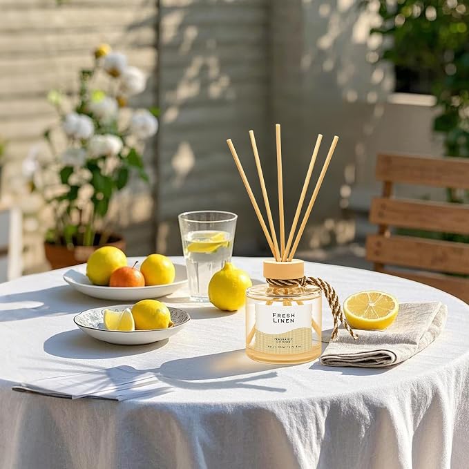 Linen Reed Diffuser, 6.77OZ/200ML Large Capacity Natural Non-Toxic Oil, Long-Lasting Fragrance Reed Diffusers Set for Home and Bathroom, Aroma with 5 Reed Diffuser Sticks